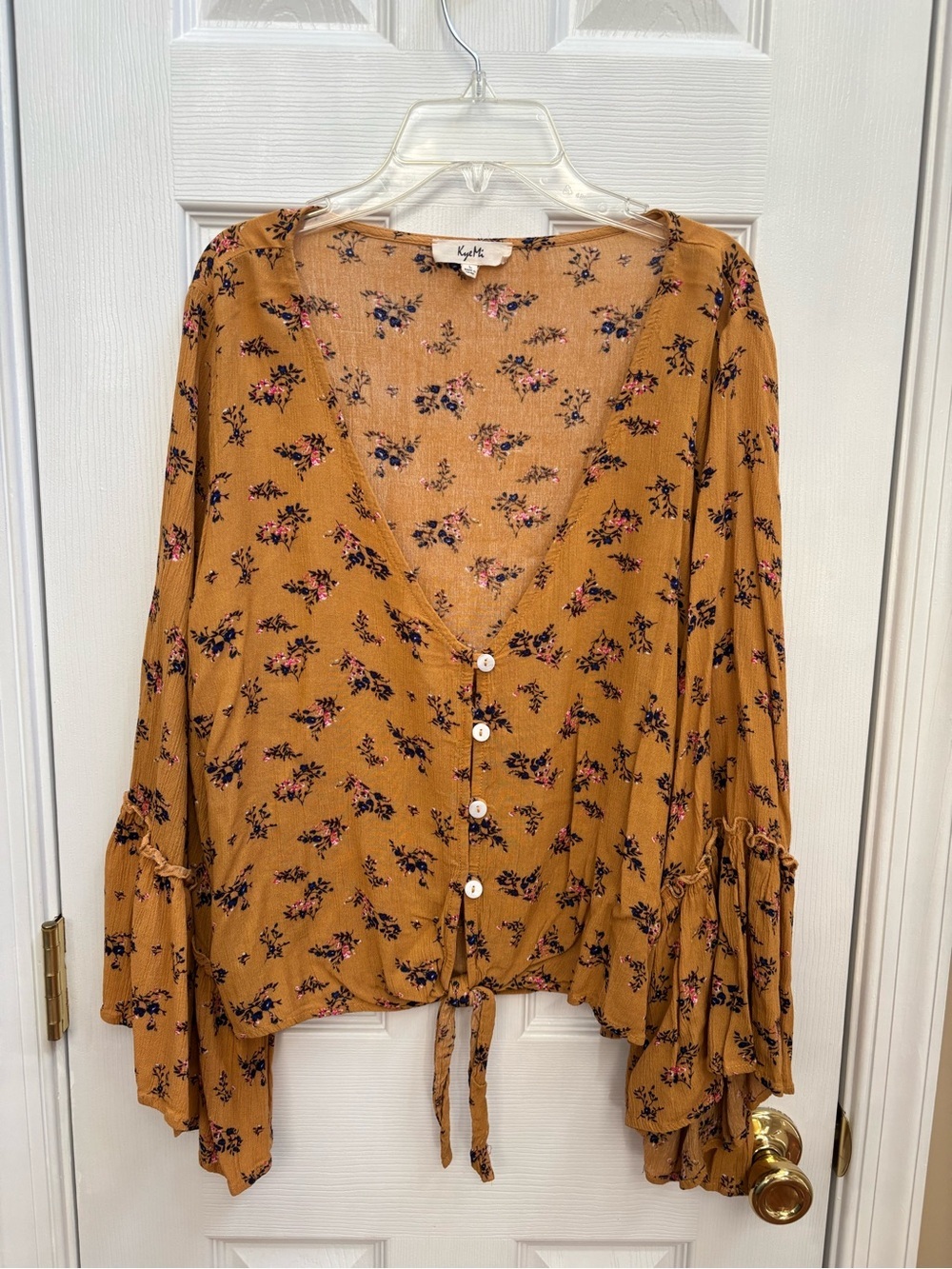 Woman’s Bohemian Floral Tie-Front Blouse, Size L, EUC - Picture 2 of 5